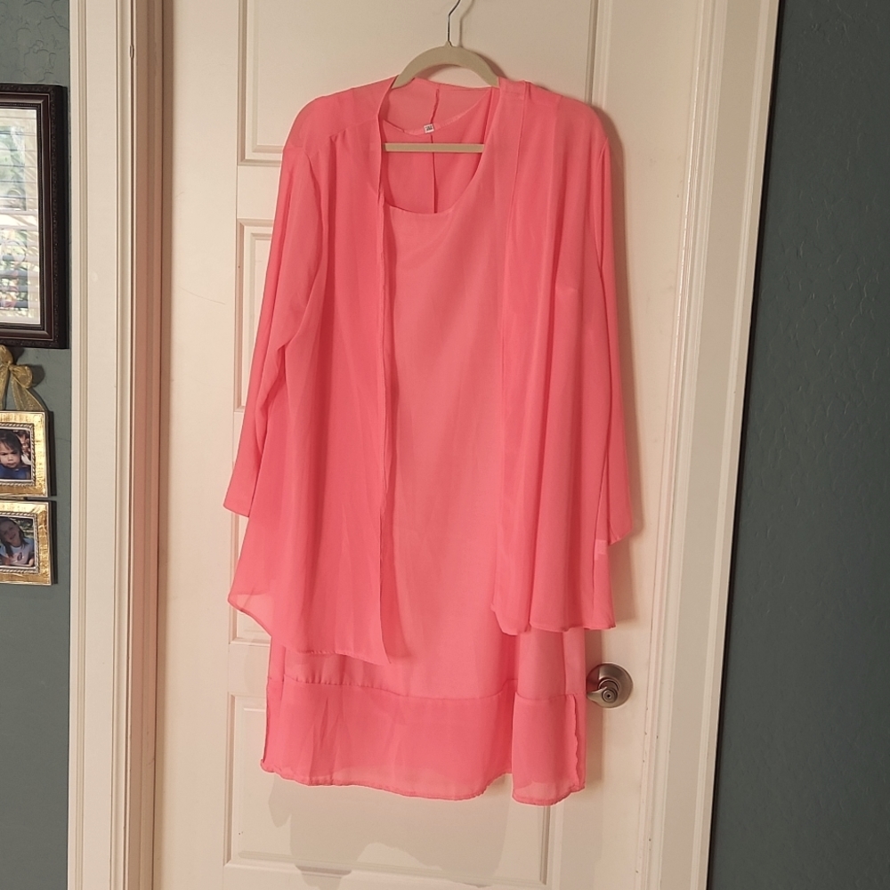 Coral Pink Midi Dress with Sheer Overlay Jacket